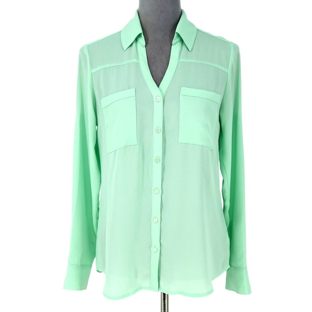 Express Top Womens Small Mint Green The Portofino Shirt Blouse Roll Tab Career
